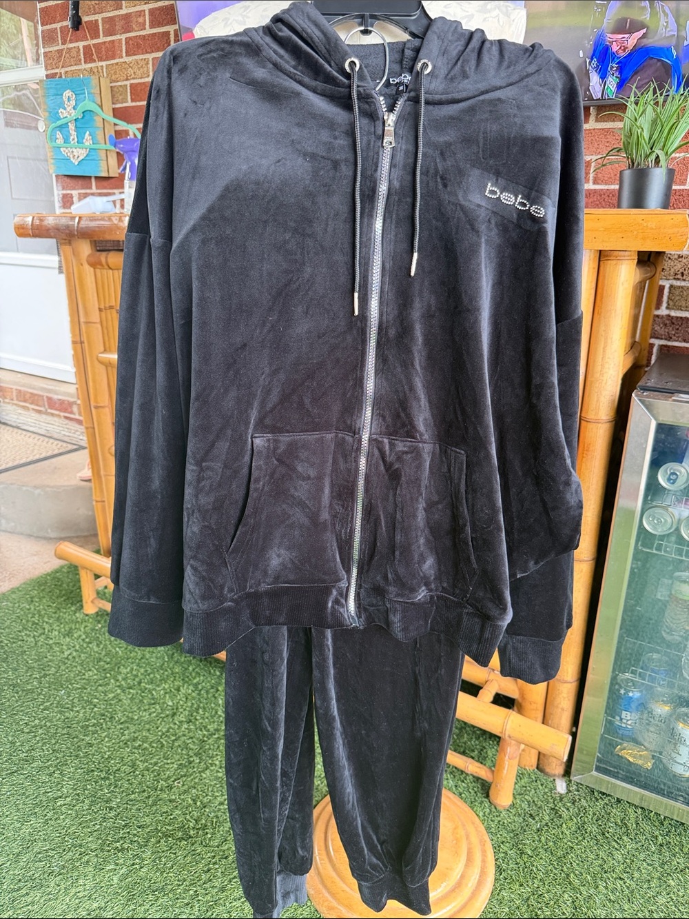 bebe Black Velour Zip Hooded Jacket and pants